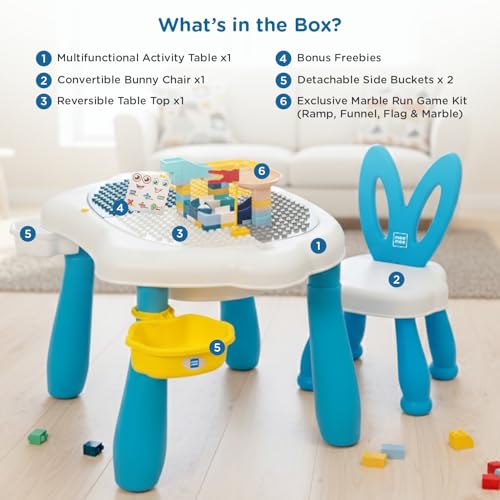 Image of Mee Mee Busy Bench Kids Activity Table with Chair | 2-in-1 Study & Building Desk | Reversible Dual-Sided Top | Marble Run Game Set | Storage Compartment | Musical Play Table | Toddler Table 2-6 Years
