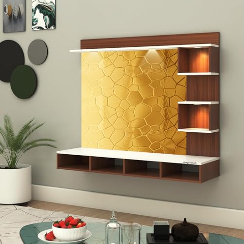 Image of TV Cabinet for Bedroom 32 inch to 65 Inches Engineered Wood TV Entertainment Unit Back Side 3mm UPVC Self Adhsive Waterproof Sheet and Lights (Gold, 32-43 Inches, Without Fitting)