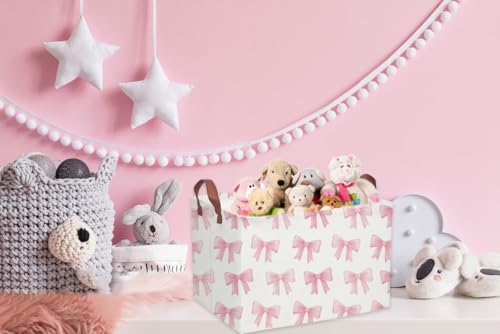 Image of Sanjiaofeng Rectangular Kids Basket Pink Storage Bins,Girls Storage Baskets with Handles.Clothers,Toys,Books,Kid's Gifts Storage. (Pink Bowknot)