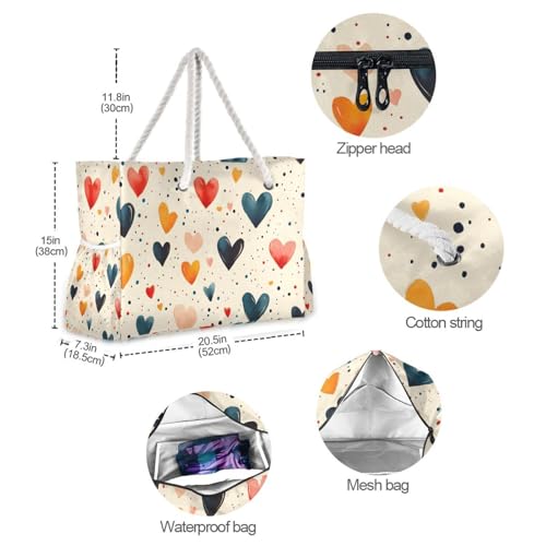 Love Dot Colorful Beach Bag for Women Large Beach Tote Bag Zipper for Swim Gym Travel Daily 6