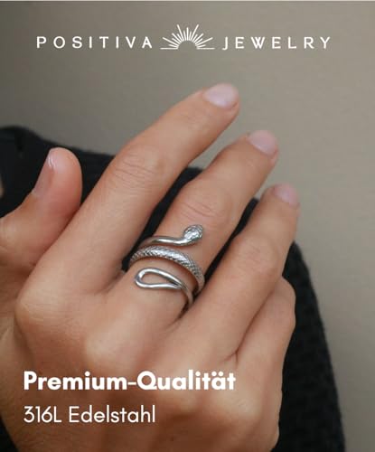 Positiva Jewelry Schlangenring aus Edelstahl für Damen | Symbol für Erneuerung & Kraft | Wasserfest und Größenverstellbar | Kein Abfärben und Anlaufen | Inklusive eleganter Ringbox (Silber)