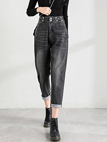 PAIHUIART Jeans Women's Pants Women Calças de ganga folgadas, cinzento, retro, calças de cintura alta, calças até ao tornozelo para mulher