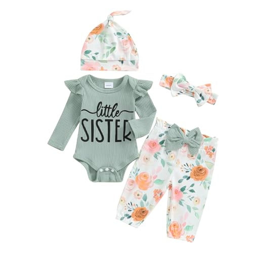Image of mlpeerw Newborn Baby Girl Clothes Outfits New To The Crew Bodysuit Romper Floral Pants Headband Hat Coming Home Outfit