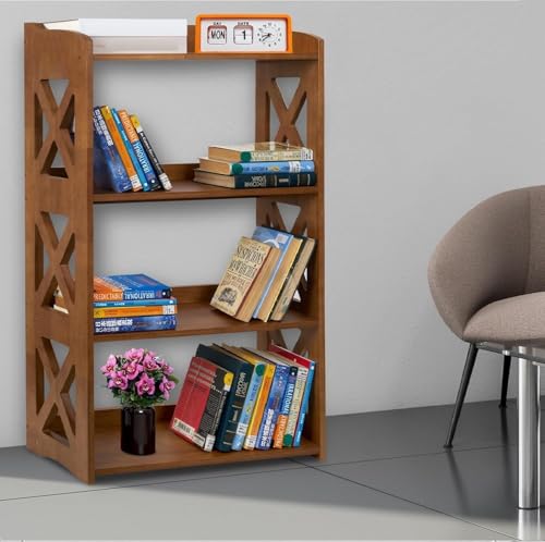 Image of 4 Tier Bookshelf, Wood Bookshelf with Open Shelves, Narrow Bookshelf Freestanding Storage Organizer, 4 Shelf Bookcase Small Bookshelf Display Brown Bookcase for Living Room Bedroom Office