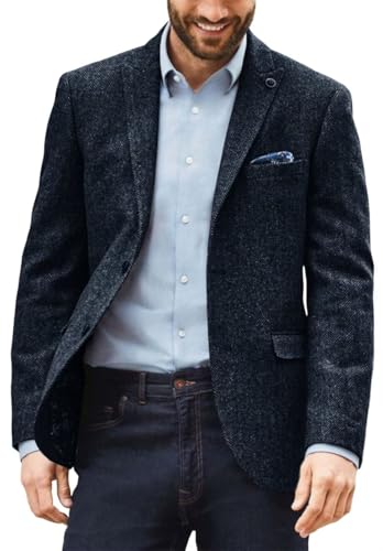 Men's Tweed Blended V-Neck Sports Blazer Slim Fit Casual Herringbone Suit Jacket