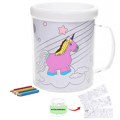 (UNICORNIO) Taza Infantil Plástico, Taza Desayuno Colorear, Lápices, Manualidades para...