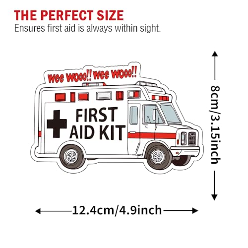 Image of Cute Design First Aid Decals (4-Pack), 4 Inches - Strong Adhesive, Durable, Waterproof - Addition to First Aid Boxes, Emergency Kits, Medical Supplies