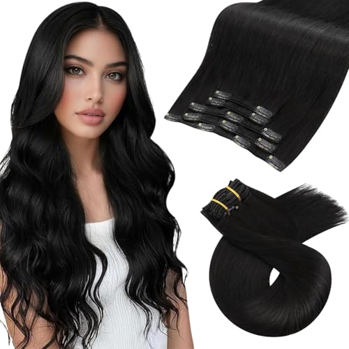Image of Moresoo Real Human Hair Clip in Extensions Natural Black 14in Lightweight | Black hair extensions clip ins, 80g 5pcs, natural black sheen, easy clip-on wear for polished daily styling and light body