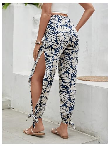 Floerns Women's Boho Elastic High Waist Split Pants Knot Vacation Beach Trousers3