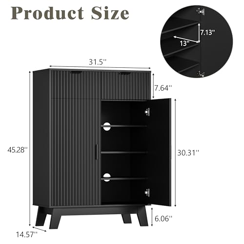Image of Shoe Cabinet Storage for Entryway, 4 Tier Fluted Shoe Storage Cabinet with 2 Drawers, Narrow Hidden Shoe Organizer with Adjustable Shelves, Freestanding Shoe Rack for Entryway, Hallway, Black