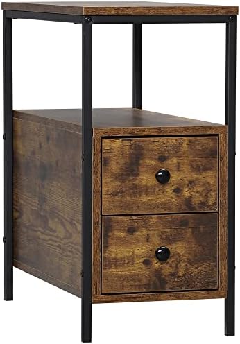 HOMCOM Side Table with 2 Drawers and Storage Shelf, Narrow End Table Bedside Table with Metal Frame for Small Spaces, Rustic Brown