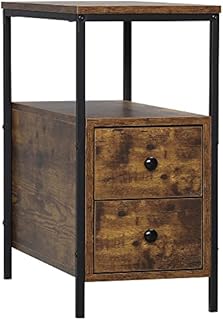 HOMCOM Side Table with 2 Drawers and Storage Shelf, Narrow End Table Bedside Table with Metal Frame for Small Spaces, Rustic Brown