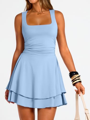 Image of Trendy Queen Women's Square Neck Summer Party Flowy Ruffle Hem Ruched Waist Mini Dress