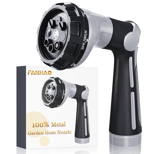 FANHAO Garden Hose Nozzle Heavy Duty, 100% Metal Water Hose Sprayer with 8 Spray Patterns, High Pressure Spray Nozzle Thumb Control On Off Valve for Lawn & Plant Watering, Car & Pet Washing - Silver