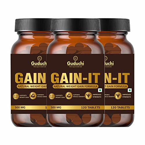 Guduchi Ayurveda GAIN-IT Tablets for Fast Weight & Muscle Gain and Bone Strength | For Under weight men and women | Buy 3 and Pay for 2 | 500mg Tablets – 120 Tabs * 3 Bottles