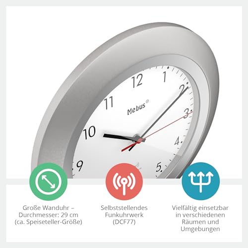Mebus Radio Controlled Wall Clock, Classic Model, Silver Frame, White Dial, 29 cm Diameter, Round - Image 2