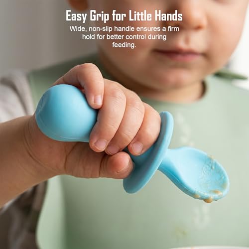Image of Baybee 100% Silicone Baby Feeding Spoons Set of 2 | Bpa Free- Food Grade Soft Silicone Tip Spoon & Fork Self Feeding Utensil | Baby & Toddlers Gum Friendly Weaning Supplies for Kids 1 Months+ (Blue)