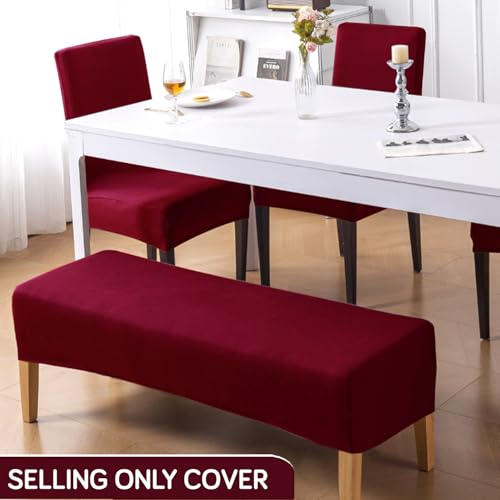 Image of HOKIPO 'SereneSolids' 140 GSM Polyester Blend Cover Set for 4 Dining Chairs + 1 Dining Bench, Burgundy (AR-6282-BRGN)