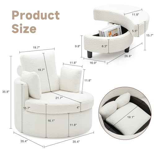 AYEASY Swivel Chair with Half Moon Storage Ottoman, Round Oversized Barrel Chair with Base Storage for Living Room, 360°Modern Swivel Accent Chair with 3 Pillows for Home, Teddy Fabric,Beige