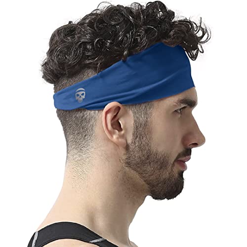SKULLFIT Sports Headbands for Men - Lightweight Moisture Wicking Workout Sweatbands for Running, Gym, Yoga, Cycling, Tennis, Cricket and Other Sports (Blue)