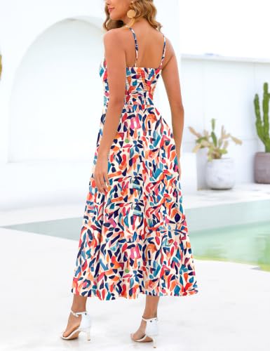 Image of Annebouti Women 2026 Summer Spring Ruched Maxi Dress Adjustable Spaghetti Strap Floral Beach Long Sundress with Pockets