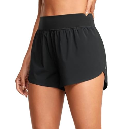 CRZ YOGA High Waisted Dolphin Athletic Running Shorts for Women 3″ High Split Comfy Mesh Liner Gym Workout Track Shorts