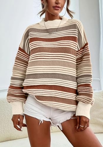 Women Contrast Striped Sweater Oversized Color Block Long Sleeve Crewneck Knit Jumper Tops Fall Fashion Outfits 20253