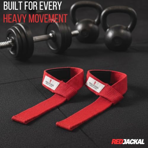 Image of REDJACKAL Single Loop Lifting Straps for Weightlifting - Heavy Duty Padded Cotton Deadlift Straps for Men & Women - Powerlifting, Bodybuilding & Gym Strength Training | 1 Pair Red