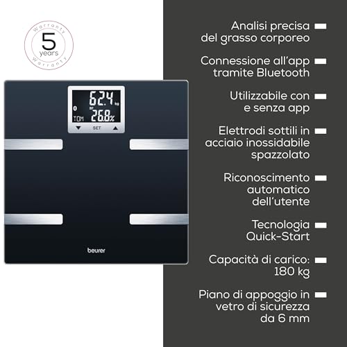 Beurer BF 720 Bilancia Diagnostica con connessione Bluetooth allo smartphone, determinazione del peso e del grasso corporeo, della percentuale muscolare e del fabbisogno calorico AMR/BMR, colore nero - Immagine 5