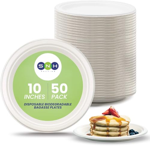 SNH Packing Eco Friendly Bagasse Biodegradable Plate 10 Inch Disposable Made From 100% Sugarcane Plates Natural Alternative To Paper Plate Everyday Tableware Heavy Duty Microwaveable - 50 Pieces.