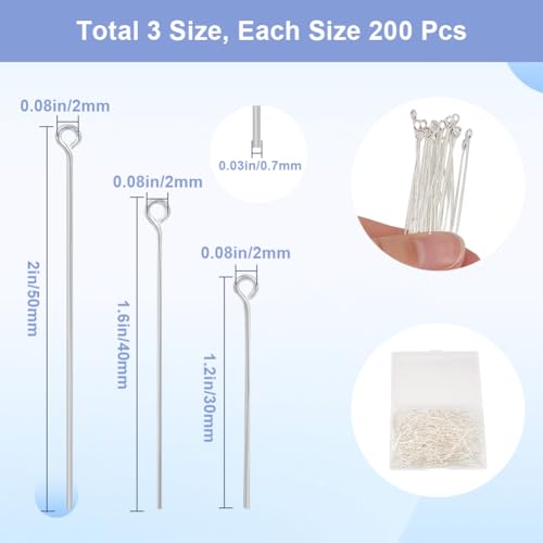 SOFPLATE 1 Box 600Pcs Silver Eye Pin jewellery Eye Pins Bulk 30mm 40mm 50mm Long Eyepins Open Headpins Loop Head Pins for jewellery Making Accessories DIY Necklaces Bracelets Earrings Crafts Supplies - Image 2