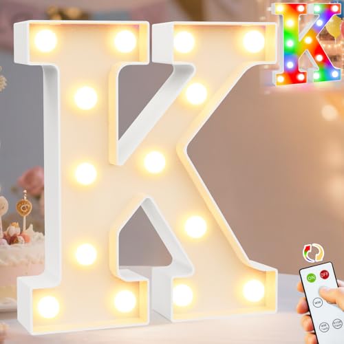 Image of Pooqla LED Light Up Letters, Warm White and Colorful Lighted Marquee Letters with Remote, Lighted Letter for Party Birthday Decorations, Gift for Girls Boys Night Light, Wedding Home Decor, Letter K
