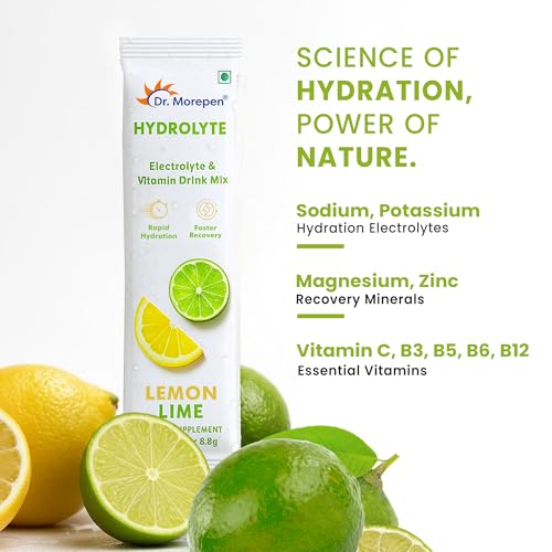 Image of Dr. Morepen Hydrolyte Electrolyte & Vitamin Drink Mix for Rapid Hydration & Faster Recovery, Lemon Lime Flavour - 10 Sachets (8.8g Each)