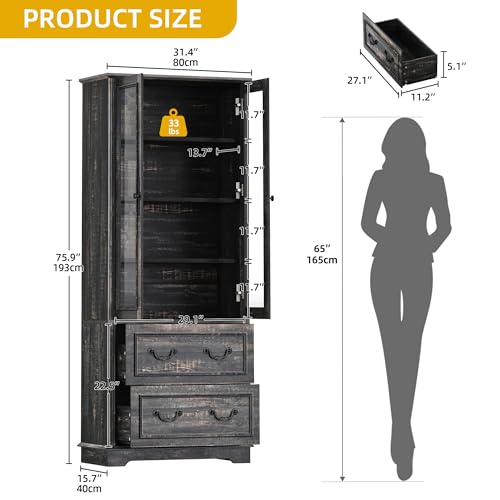 DWVO 76" Storage Cabinets, Freestanding Kitchen Pantry with Adjustable Shelves & Drawers, Farmhouse Glass Display Cabinets Tall Cupboard for Dining Room, Living Room, Dark Rustic