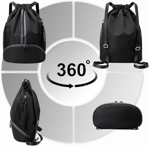 Image of Sports Drawstring Backpack for Men & Women - Waterproof Gym Bag with Separate Shoe Compartment & Mesh Pockets - Lightweight Basketball, Swimming & Travel Kit Bag (Black)