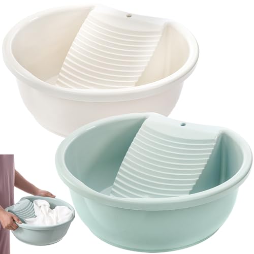 SOUJOY 2 Pack Washboard Basin for Hand Washing Clothes, Plastic Non-Slip Washtub with Integrated Washboard, Small Delicate Articles Washing Clothes Laundry for Home and Outdoor