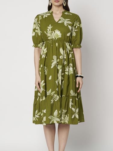 Image of PIDAVLIYA'S Women's Floral Summer Maxi Dress I Cotton Printed I One Piece Bodycon Midi Dress with V-Neck, Puffed Sleeves
