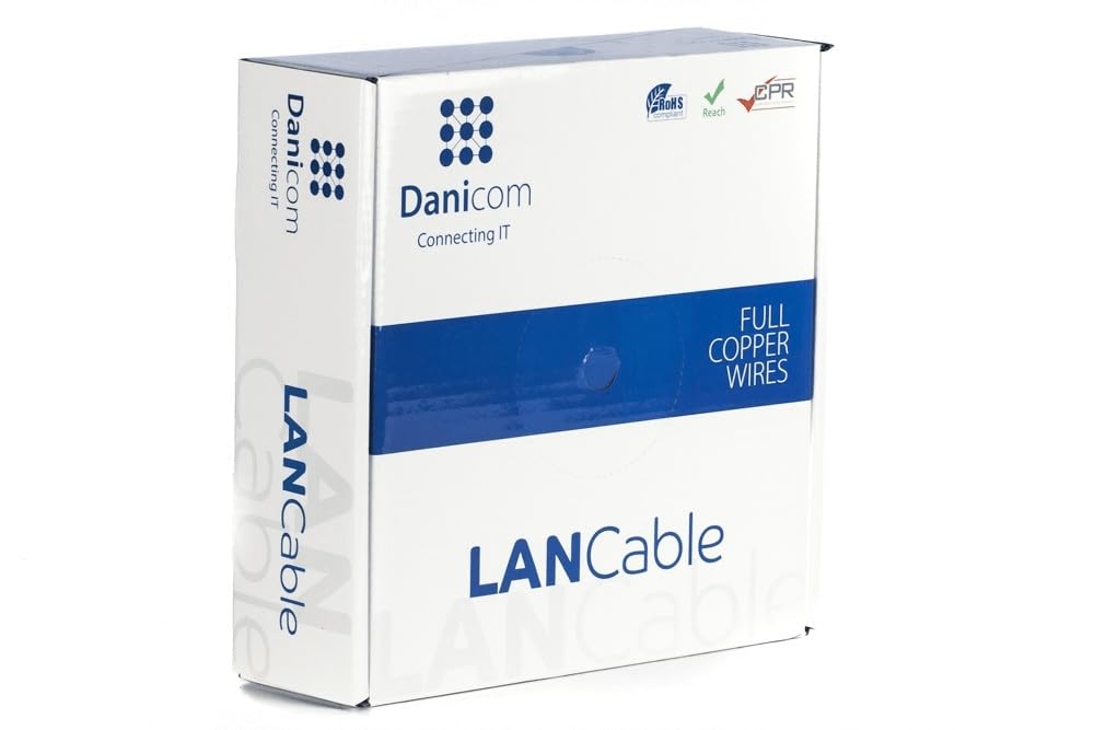 Danicom CAT6A S/FTP 50m câble sur bobine rigide - LSZH (Dca), POE, Ethernet, LAN, câble de raccordement, câble de données, RJ45 - pour armoire de serveur, commutateurs, routeurs, modems !