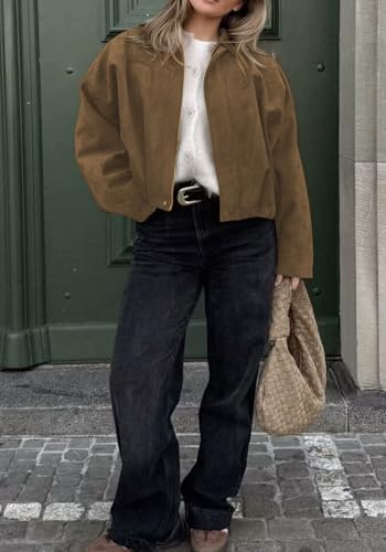 Ptorlio Womens Faux Suede Bomber Jacket Casual Oversized Cropped Zip Up Y2k Trendy Coat Fall Jackets Streetwear4