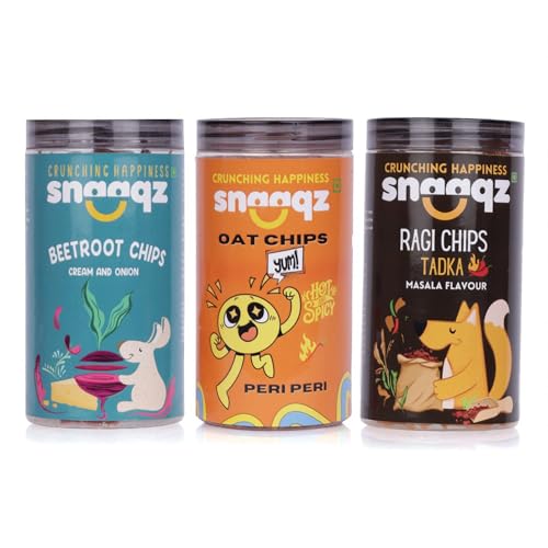 Image of Snaaqz Supergrain Chips Combo (Beetroot, Oats & Ragi) | Pack of 3 (150g each) | Light & Crispy Healthy Chips | High Protein, Gluten Free, Vegan, No Palm Oil, No Preservatives & Low Calorie Snacks