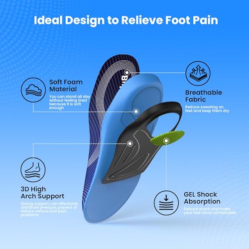 Image of High Arch Support Inserts for Plantar Fasciitis -Bukihome Flat Feet Insoles for Men & Women, 220 lbs Heavy Duty Orthotic Shoe Inserts for Standing, Walking,Working-Size XL