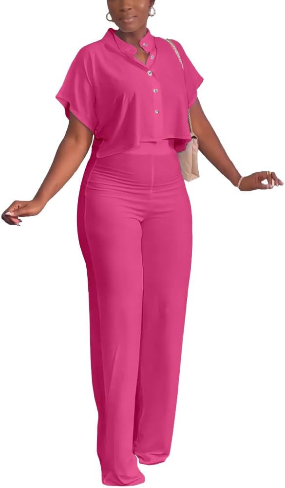 HBQ Women's Summer 2 Piece Outfits Casual Tracksuit Short Sleeve Button Down Crop Top Wide Leg Long Pant Lounge Sets - Image 5