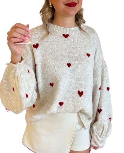 Women Heart Print Sweater Love Graphic Knitted Top Crewneck Cute Holiday Long Sleeve Shirts L