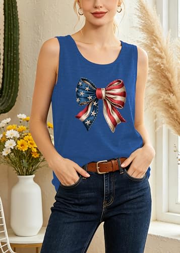 Image of 4th of July Bow Tank Top Women-Vintage American Bow Sleeveless Shirt USA Flag Tee Top Patriotic Tank Top