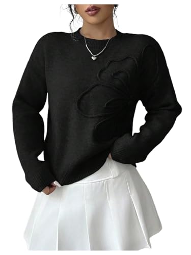 Image of Verdusa Women's Spring 3D Flower Appliques Crewneck Sweaters Long Sleeve Drop Shoulder Pullovers Knit Going Out Tops