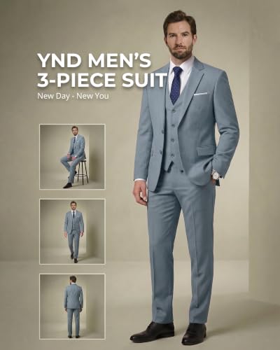 Image of YND Men's 3 Piece Suit with Tie, Solid Color Slim Fit Jacket Vest and Pants