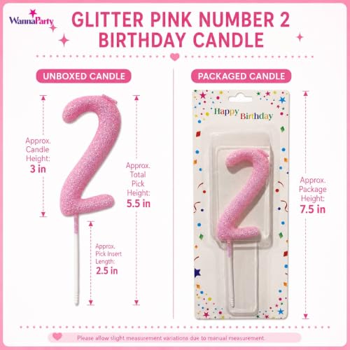 Image of Wanna Party Glitter Designer Pink Number 2 Birthday Candle, Numerical Cake Candle for 2nd Birthday, Cake Cutting, Party Decoration & Celebration Supplies - 1PC