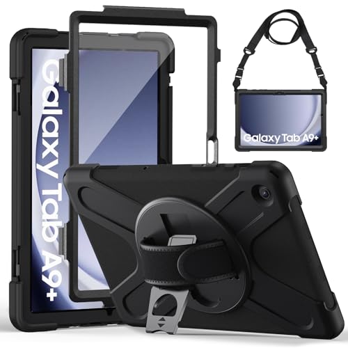 Gerutek Funda Anticaída para Samsung Galaxy Tab A9+ / A9 Plus 11" 2023 (SM-X210/X216/X218), Funda Resistente con Protector de Pantalla, Soporte 360° Giratorio, Correa de Mano/Hombro, Portalápiz, Negro
