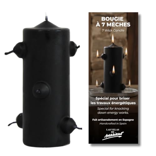 Bougie noire 7 mèches pour rituels de nettoyage et de protection en profondeur • 16 cm de haut x 5,5 cm de large • Bougie ésotérique pour briser la magie noire,...