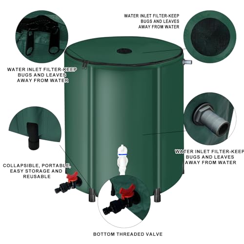 SHAWREWIN 100 Gallon Collapsible Rain Barrels, Large Rain Water Clloection Barrels, Rainwater Collection from Gutter, Portable Rain Catcher Barrel with Filter Spigot Overflow Kit, Green - Thumbnail 4